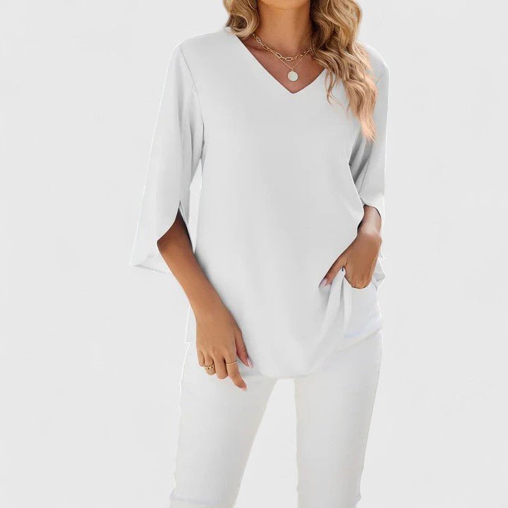 Modern women's elegant ruffle V-neck half-sleeve blouse, an essential piece for ladies' fashion.