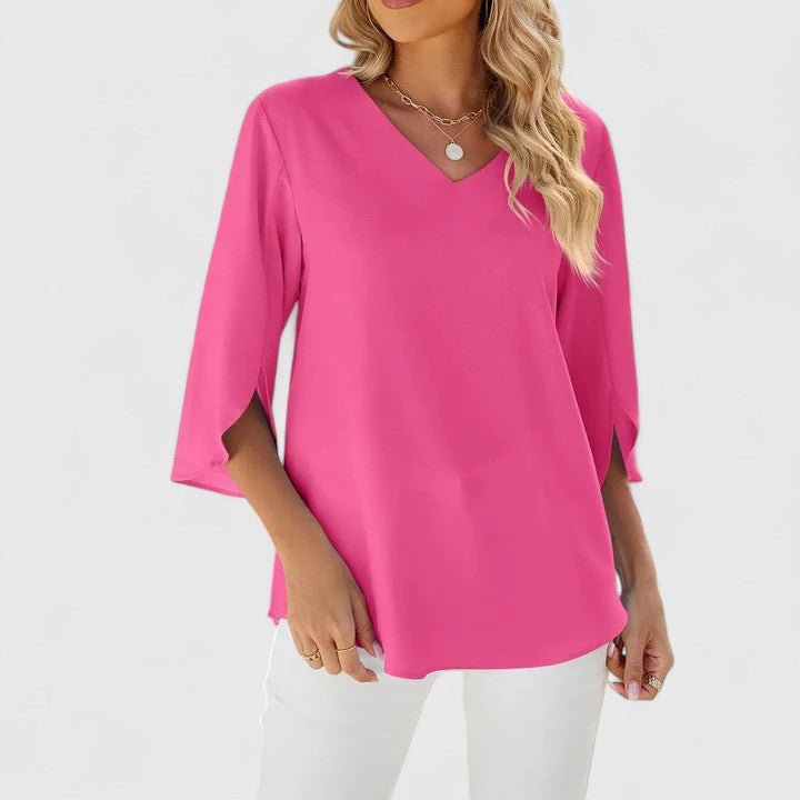 Professional women's half-sleeve V-neck ruffle blouse, ideal for sophisticated office attire.