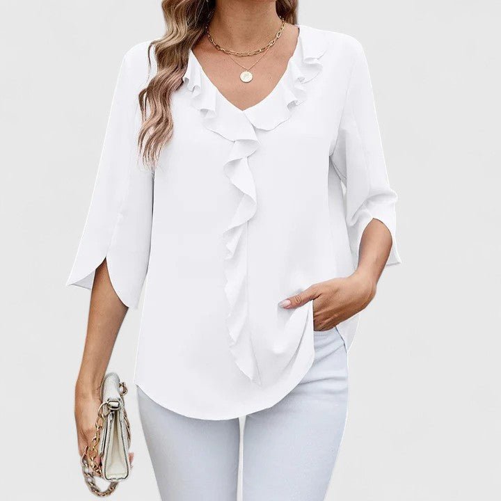 Versatile women's elegant ruffle V-neck shirt, easily styled for casual or dressy looks.