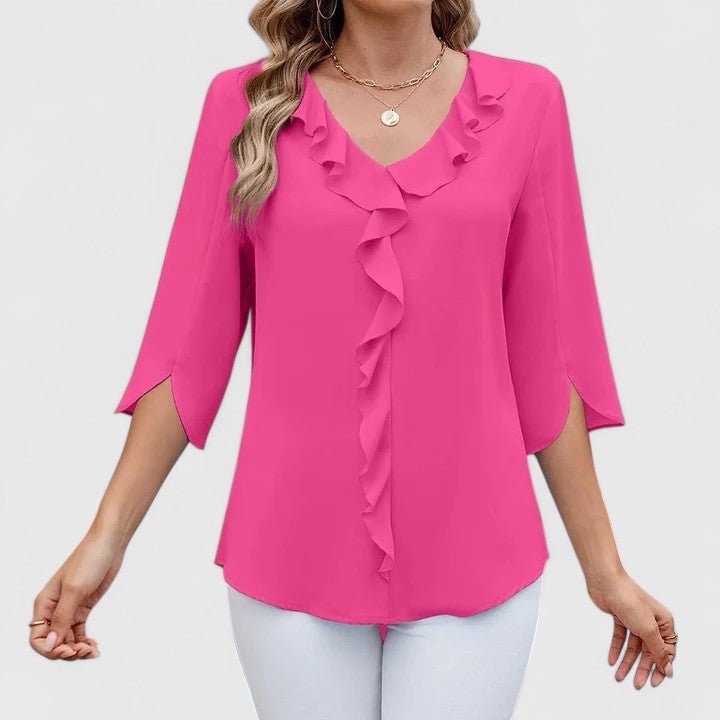 Chic women's ruffle V-neck half-sleeve blouse, a fashionable top for spring and summer.
