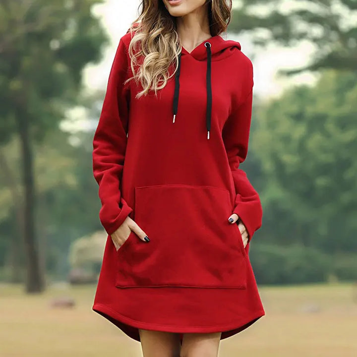 Relaxed fit women's long sleeve hoodie dress, an essential piece for comfortable lounge and fall fashion.