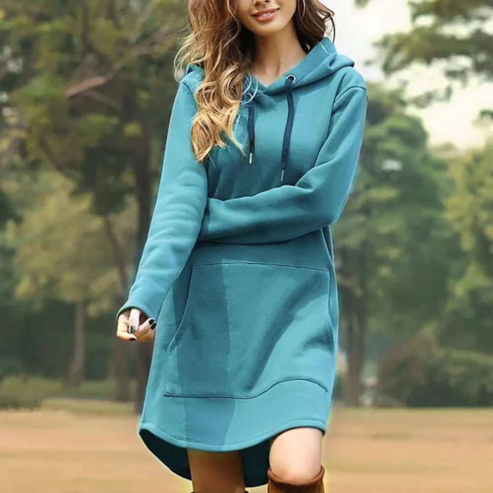 Soft women's long hoodie dress, designed for ultimate comfort as lounge wear or an everyday outfit.