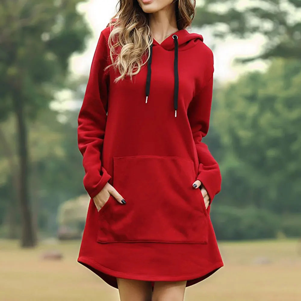 Comfortable oversized hoodie dress for women, featuring long sleeves and practical pockets.