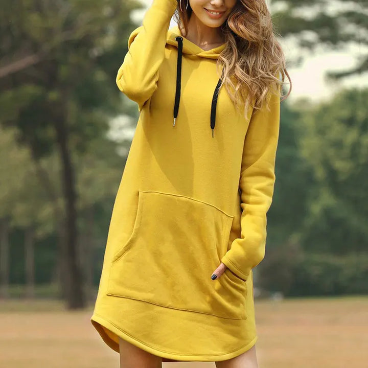 Women's comfortable long sleeve hoodie dress, an ideal versatile piece for casual and lounge wear.