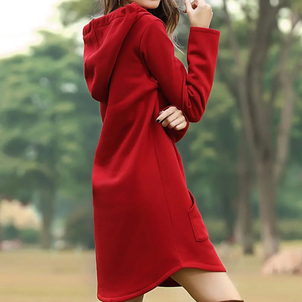 Versatile women's long hoodie dress, offering cozy comfort and casual style for any occasion.