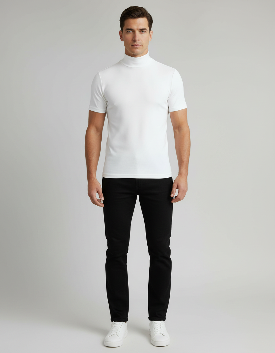 Sophisticated men's black slim-fit turtleneck, comfortable and versatile for layering or standalone wear.