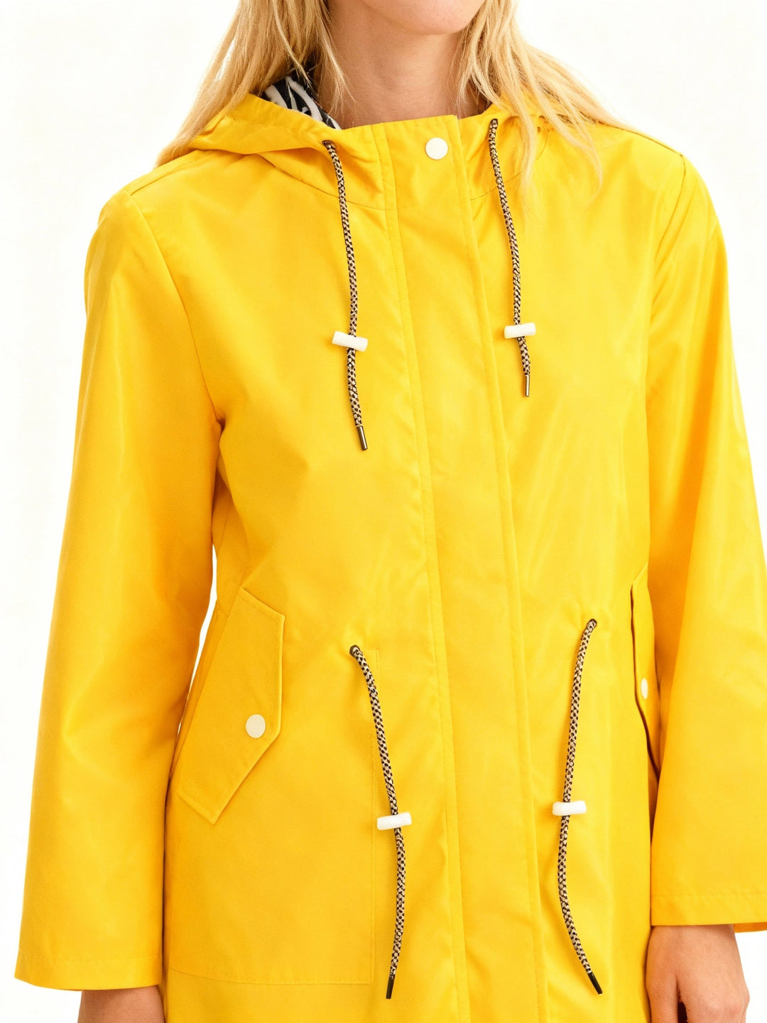 Lightweight women's water repellent hooded rain jacket, ideal for travel and casual everyday outerwear.