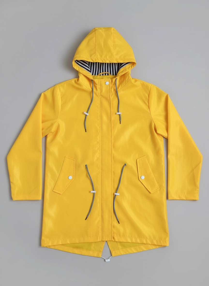 Stylish women's hooded rain jacket, water repellent and lightweight, offering excellent weather protection for fall.