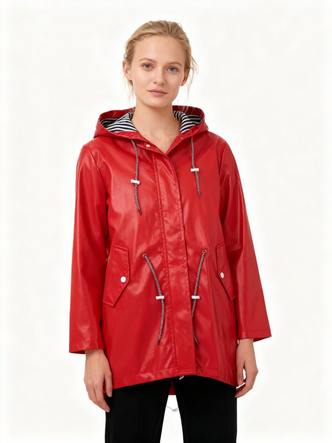All-weather women's hooded water repellent jacket, a stylish lightweight outerwear choice for travel.