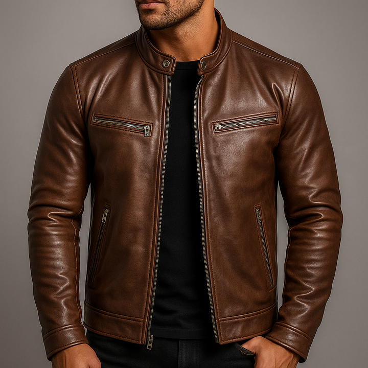 Men's classic brown leather jacket, vintage-inspired for durable, timeless style. Rugged outerwear.