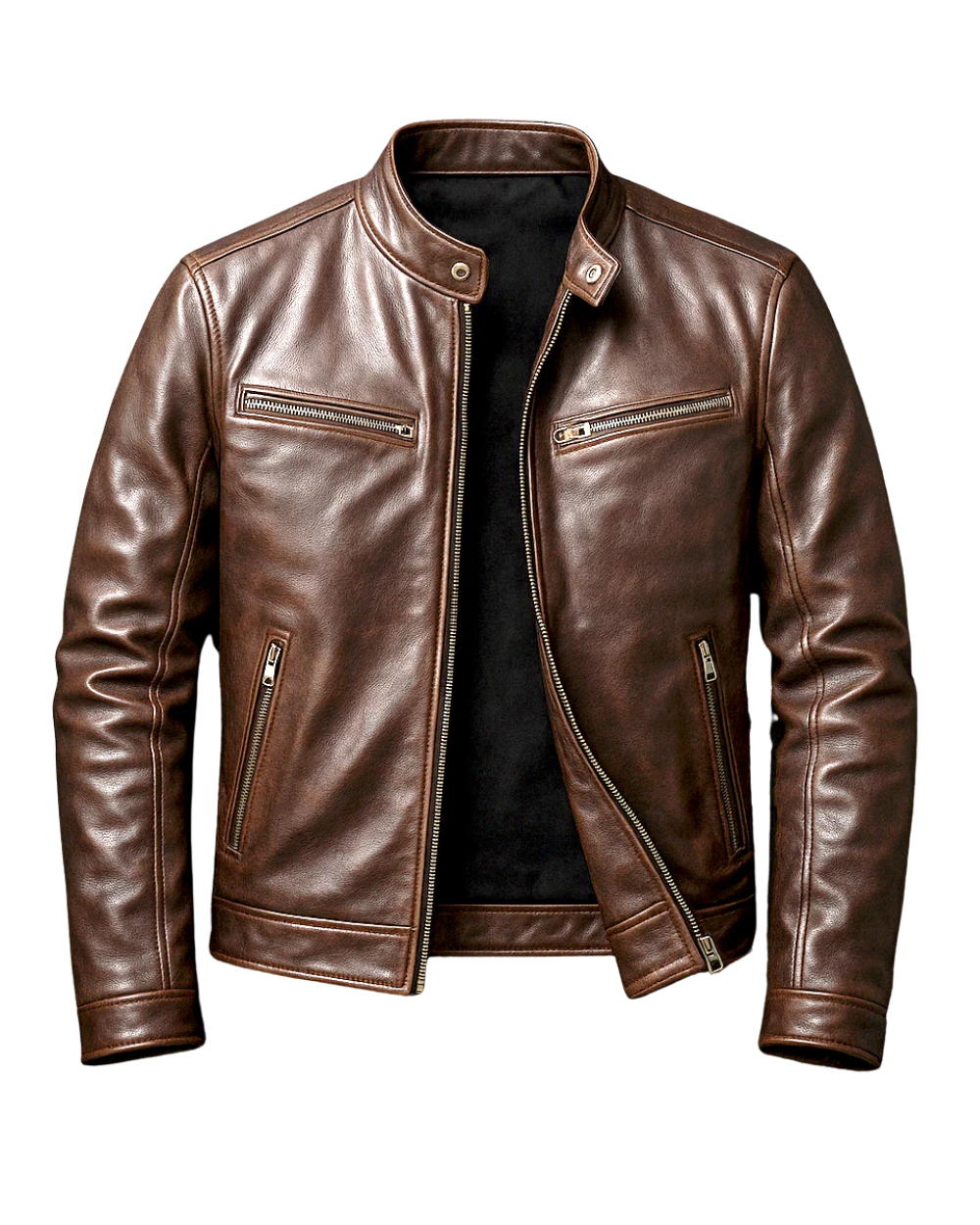 Rugged men's vintage-style black leather jacket. Durable, versatile classic outerwear for timeless fashion.