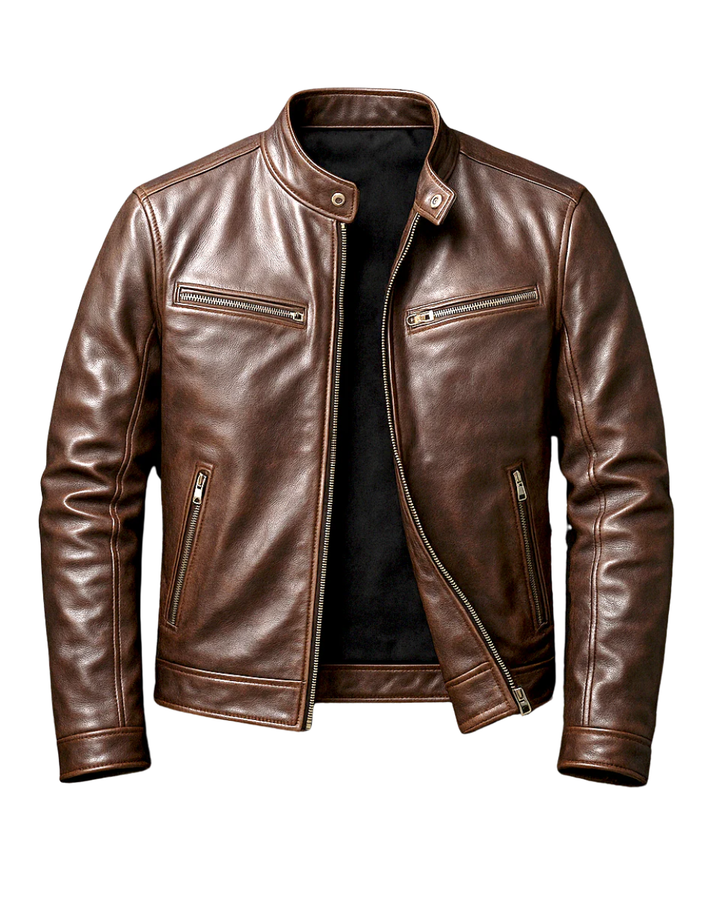 Rugged men's vintage-style black leather jacket. Durable, versatile classic outerwear for timeless fashion.
