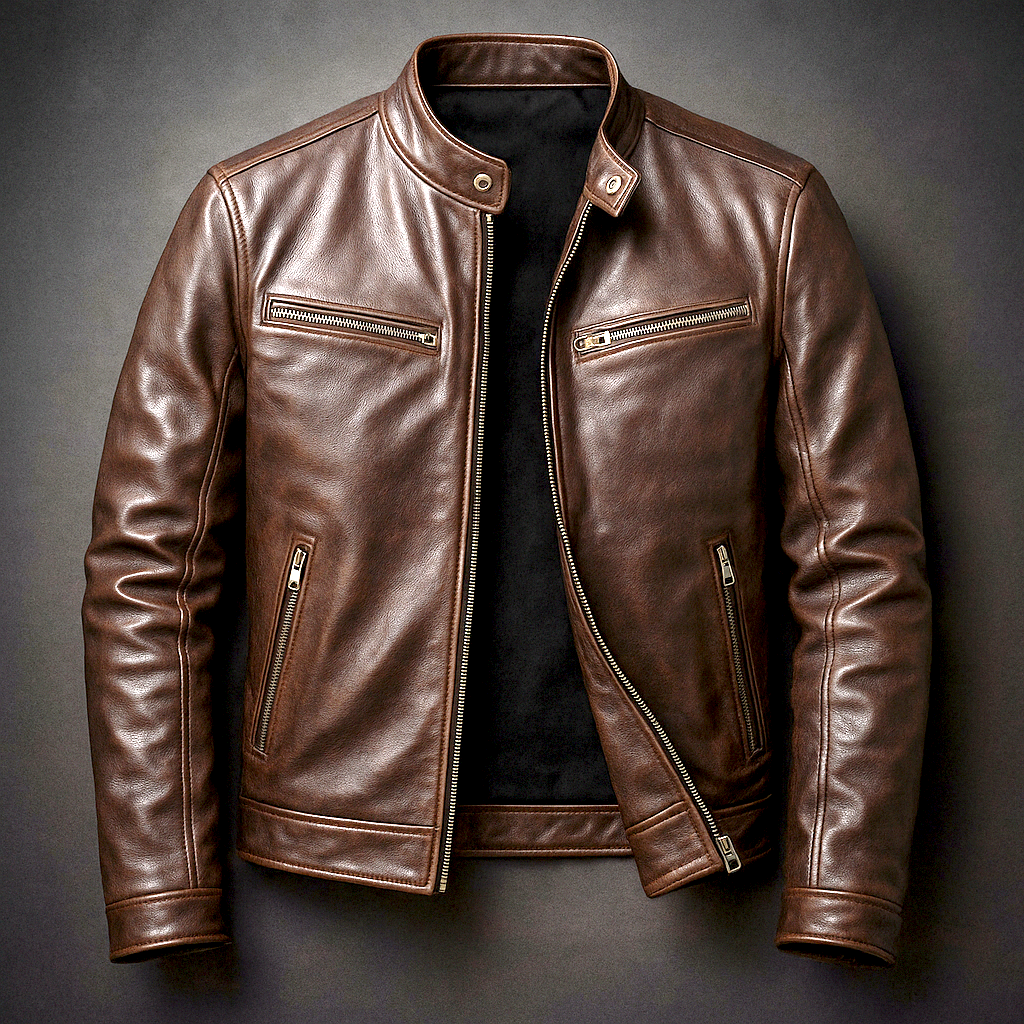Stylish men's versatile leather jacket. A classic vintage-inspired coat for durable, timeless menswear.