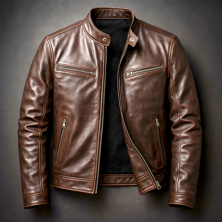 Stylish men's versatile leather jacket. A classic vintage-inspired coat for durable, timeless menswear.