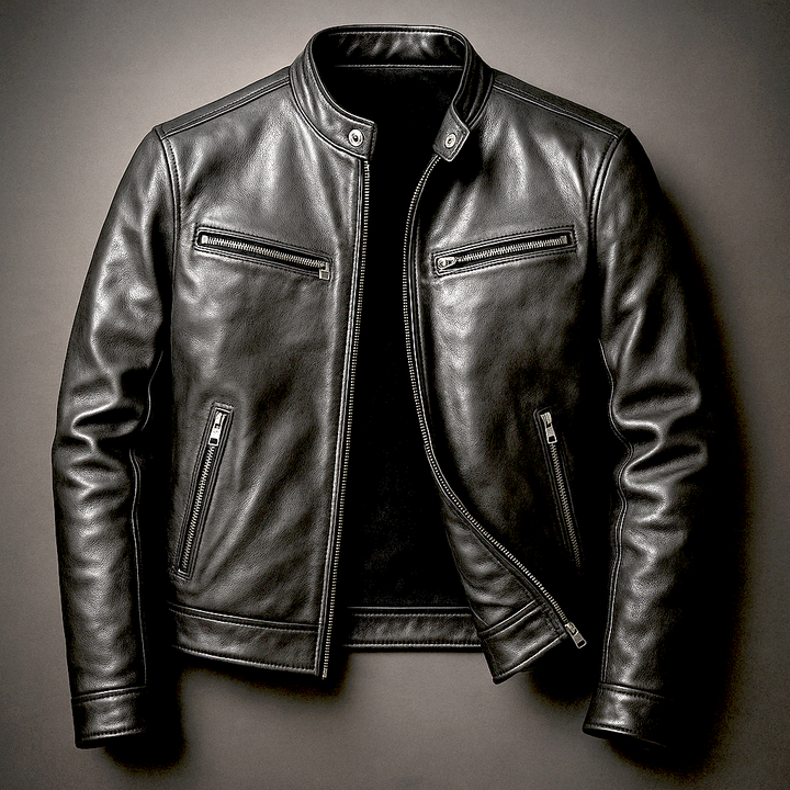 Timeless classic men's leather jacket in vintage style. Durable, stylish outerwear for versatile fashion.