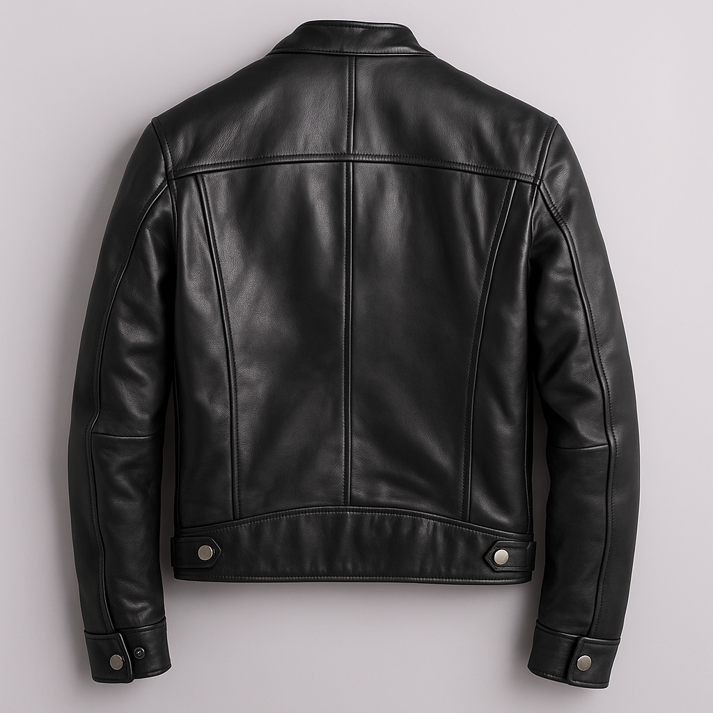 Classic black leather men's jacket, vintage-inspired. Durable, versatile menswear for rugged fashion.