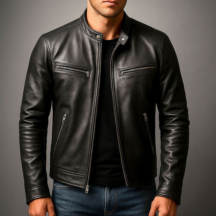 Durable men's green leather jacket, classic vintage style. Stylish and versatile outerwear for timeless fashion.