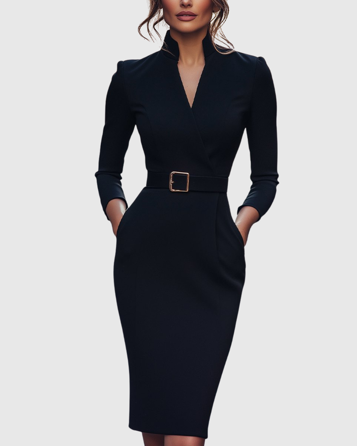 Front view of an elegant women's belted midi dress, structured for office wear. Perfect work pencil dress.