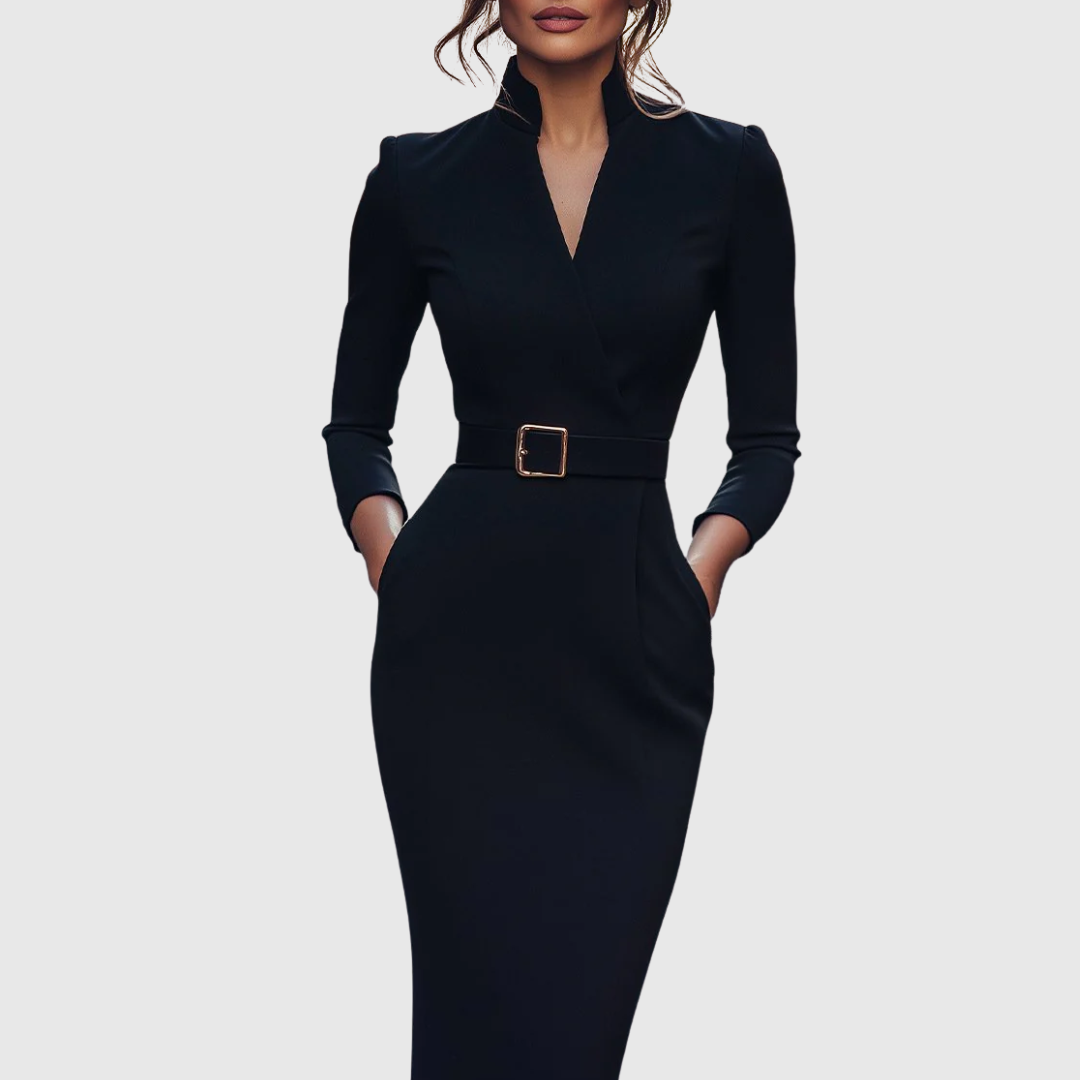 Stylish women's midi dress with a sleek belt, showing its structured fit. Ideal for versatile office wear.