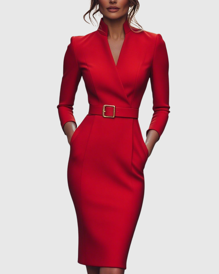Elegant women's belted midi dress, a versatile structured pencil dress, perfect for work & office wear.