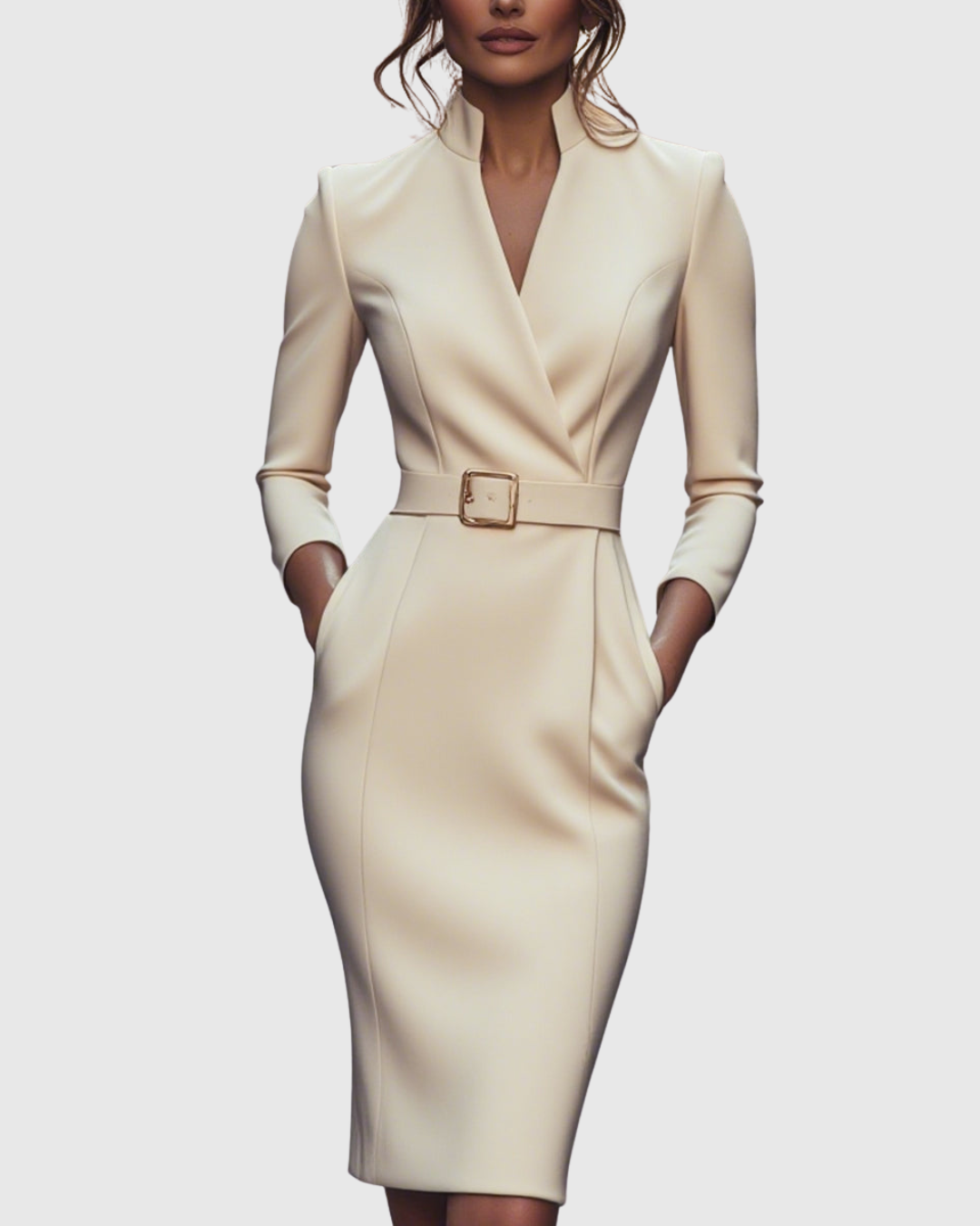 Three-quarter sleeve detail of a women's elegant midi dress. Structured for professional office attire.