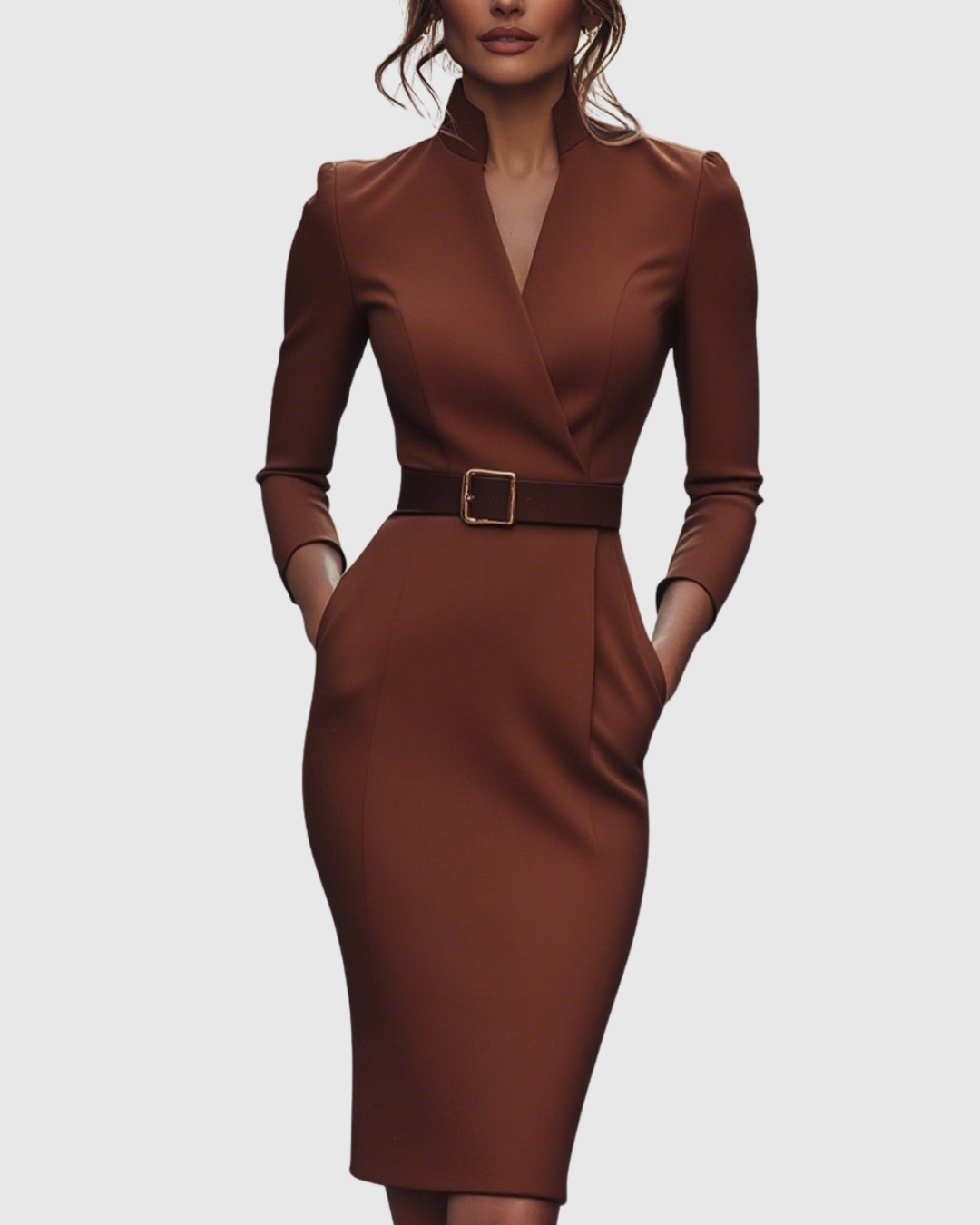 Full length view of a women's elegant belted midi dress, a structured pencil dress perfect for versatile office wear.