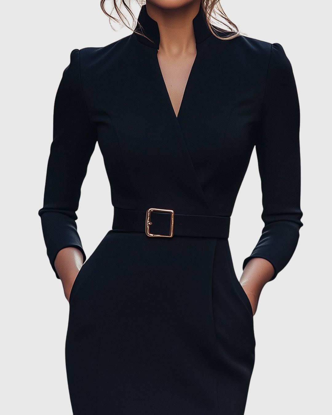 Close-up of the elegant belt detail on a structured women's midi dress. Perfect for work & office wear.