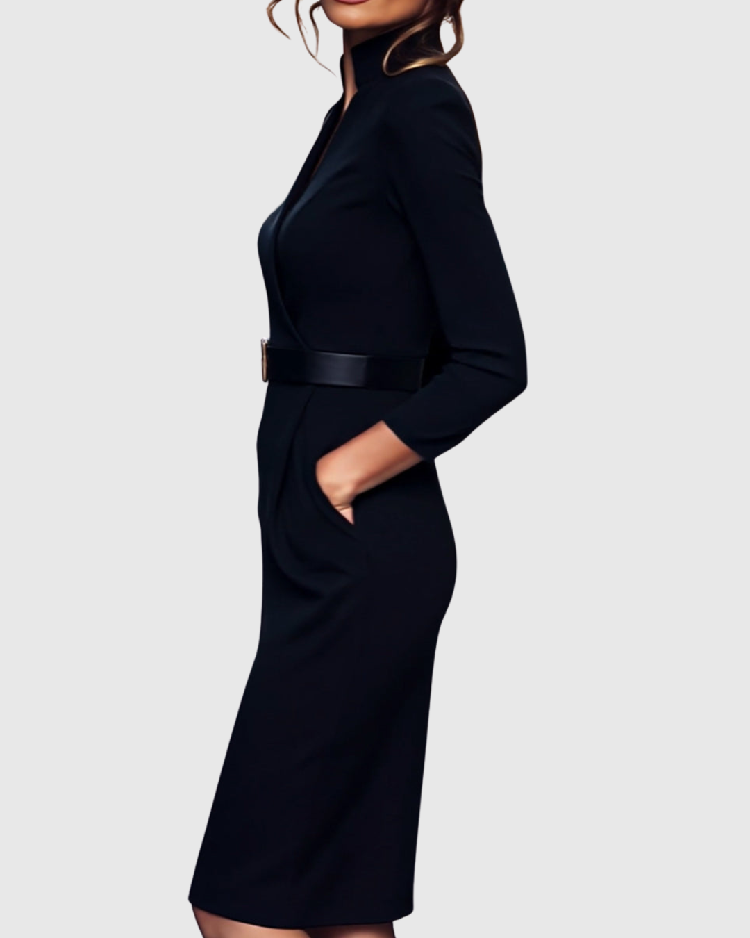 Back view of a sophisticated women's belted midi dress, showcasing its elegant structured fit for work.
