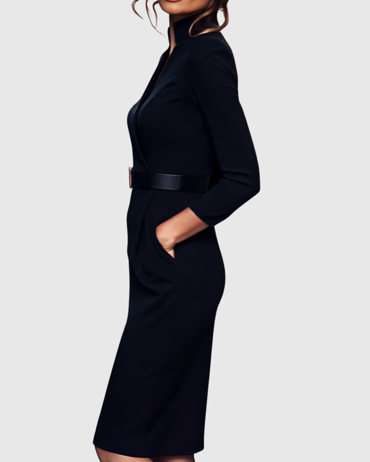Back view of a sophisticated women's belted midi dress, showcasing its elegant structured fit for work.