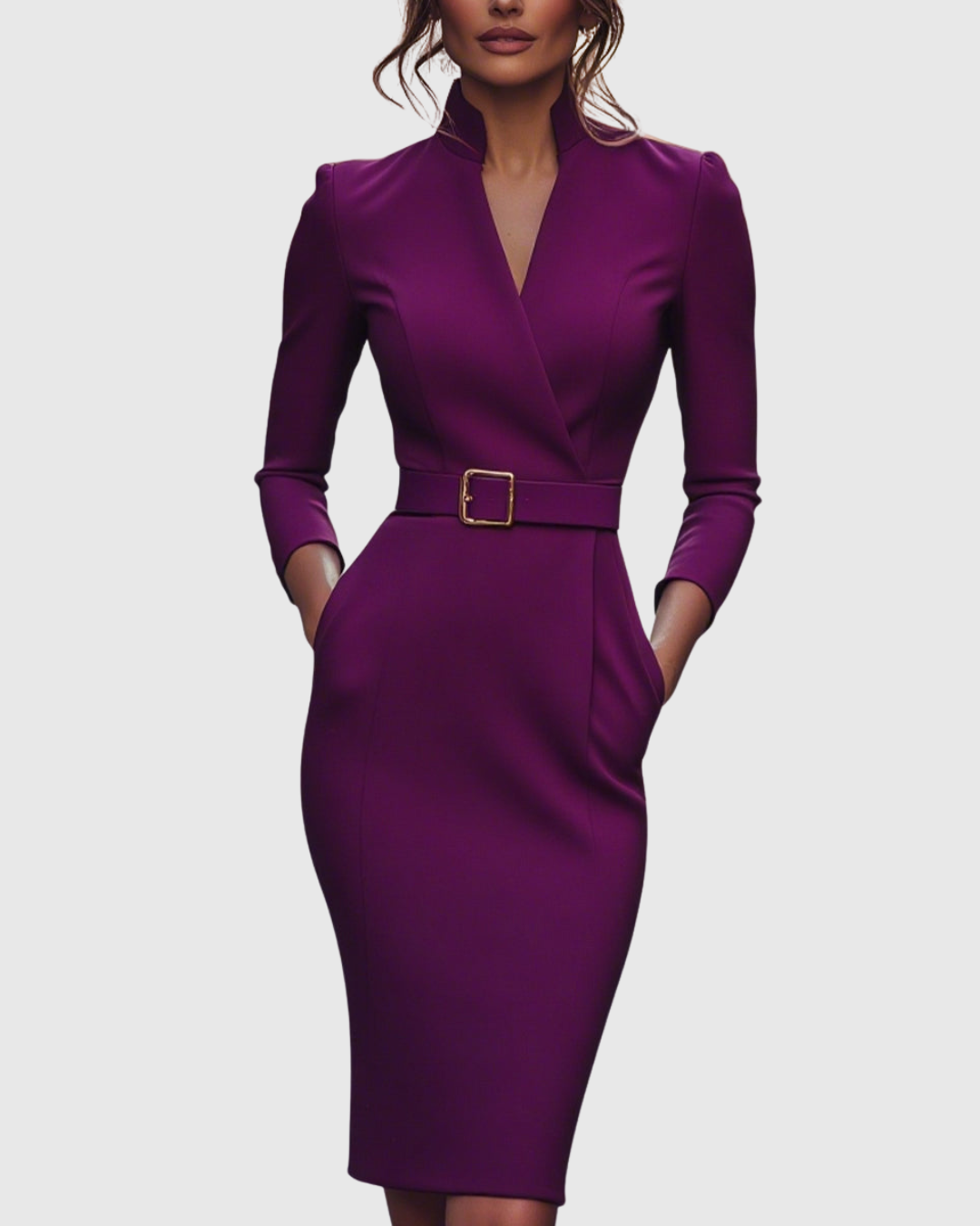 Women's structured midi dress with three-quarter sleeves, styled for office wear. Elegant & versatile.