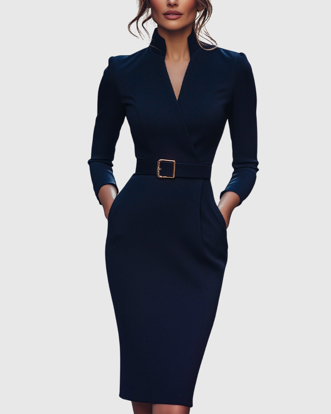 Model showing the flattering structured fit of an elegant belted midi dress, suitable for work.