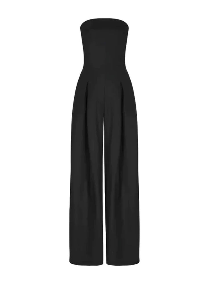 Beautiful women's strapless wide leg jumpsuit, offering elegant summer style & comfortable evening wear.