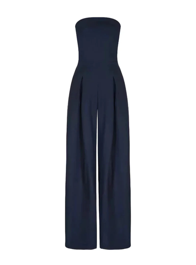 Women's strapless wide leg jumpsuit featuring pockets, a stylish & comfortable summer evening outfit.