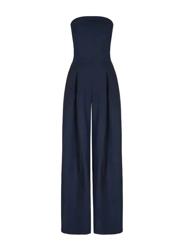Women's strapless wide leg jumpsuit featuring pockets, a stylish & comfortable summer evening outfit.