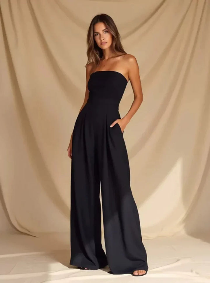 Stylish women's strapless wide leg jumpsuit with pockets, comfortable for versatile summer wear.