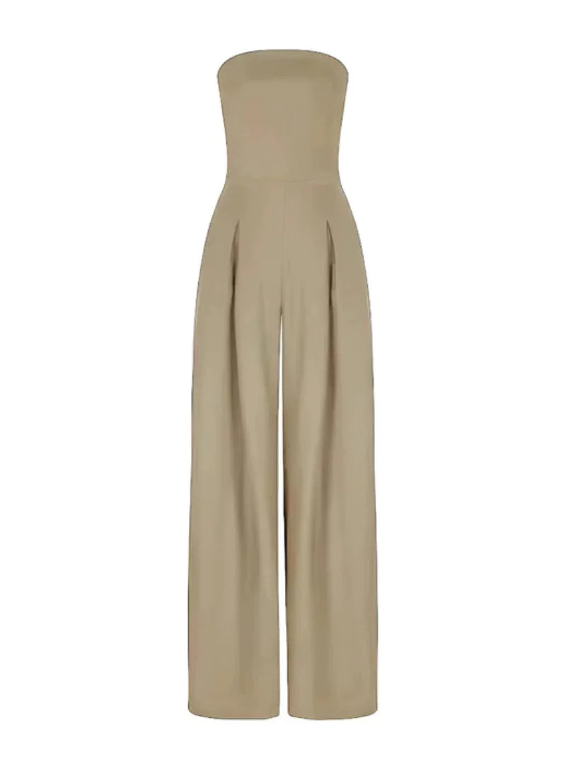 Women's strapless wide leg jumpsuit in elegant summer style, suitable for various occasions.