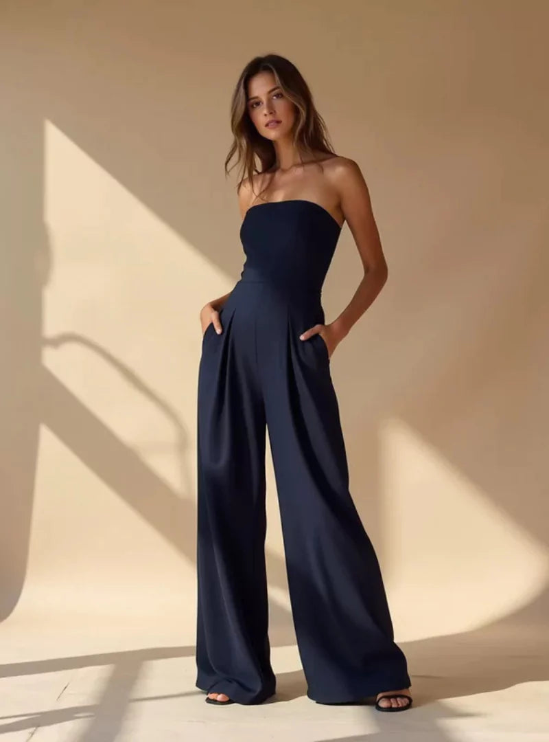 Elegant women's strapless wide leg jumpsuit, perfect for summer evenings & special occasions.