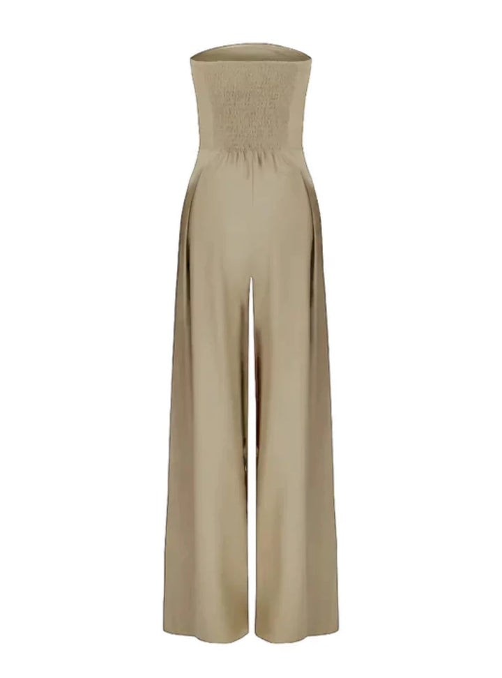 Flowy women's strapless wide leg jumpsuit, a chic and comfortable one-piece for summer elegance.