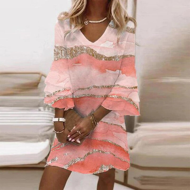 Women's Ruffle Tiered Print Midi Dress - V-Neck, Bell Sleeve