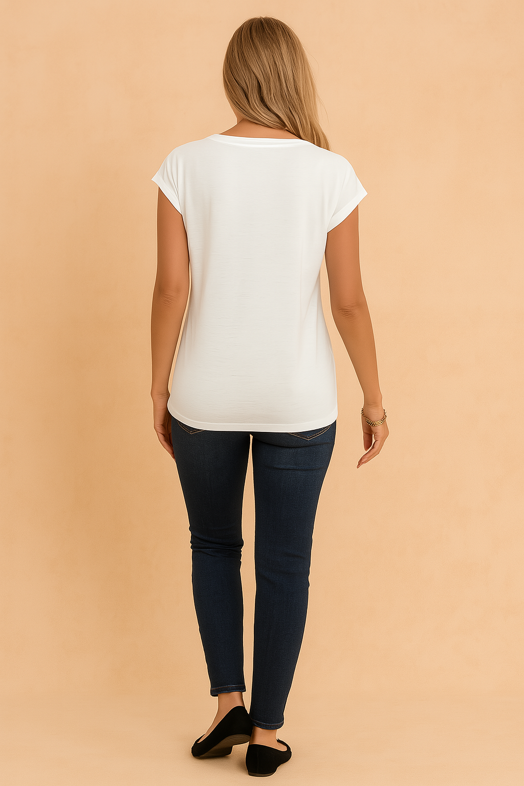 Comfortable women's short sleeve V-neck top. Classic white tee for versatile everyday fashion & casual wear.