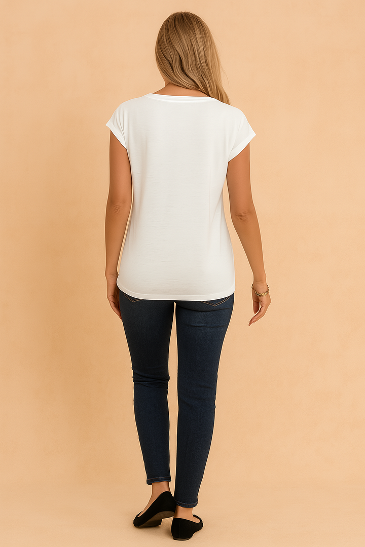 Comfortable women's short sleeve V-neck top. Classic white tee for versatile everyday fashion & casual wear.