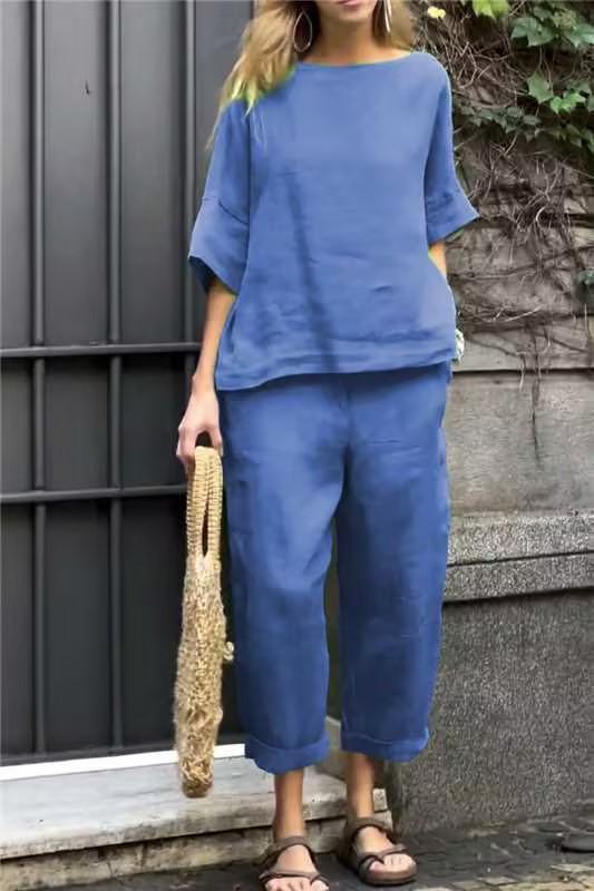 Loose fit women's shirt and matching pants set, a comfortable and stylish two-piece for lounge wear.