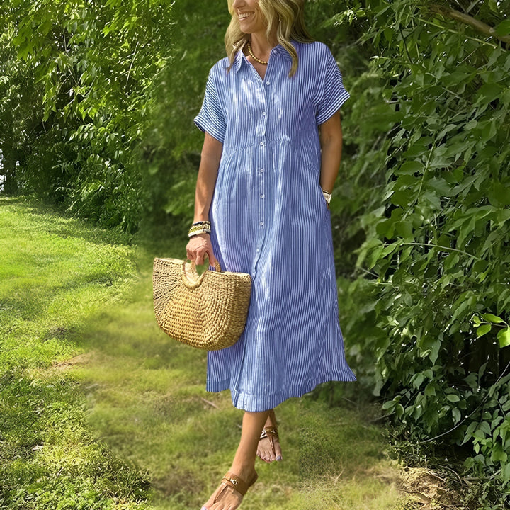 Chic women's long sleeve striped midi dress, designed for comfortable everyday wear and classic style.