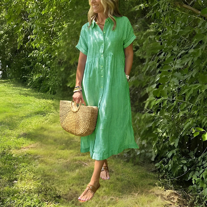Flattering striped midi dress for women, offering comfortable wear and elegant versatility for any occasion.