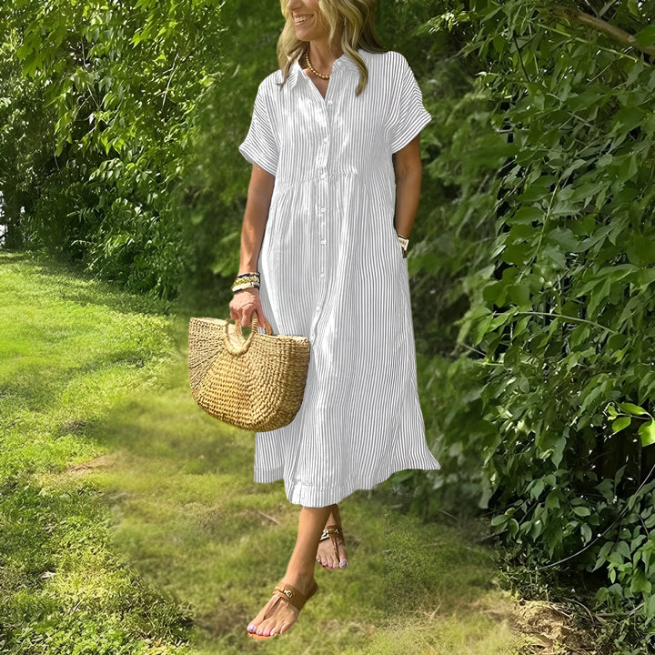 Classic women's long sleeve striped midi dress, an elegant and comfortable choice for chic fashion.