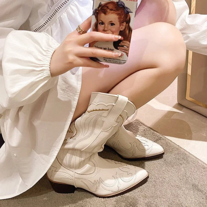 Durable women's waterproof cowboy boots with elegant embroidery. Comfortable Western style for everyday wear & fall.