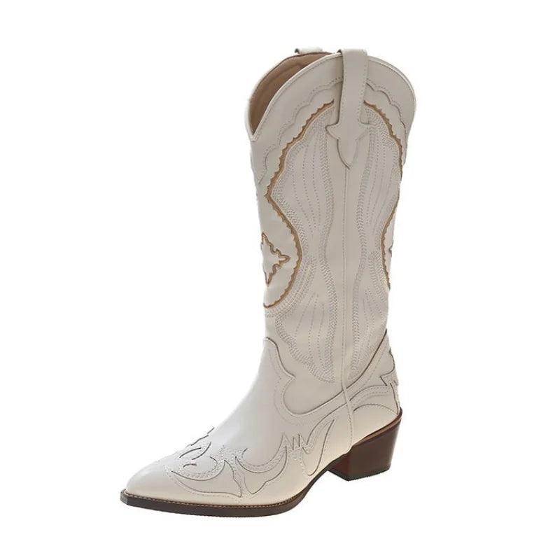 Women's waterproof western cowboy boots, richly embroidered, offering comfort and style for fall & winter fashion.