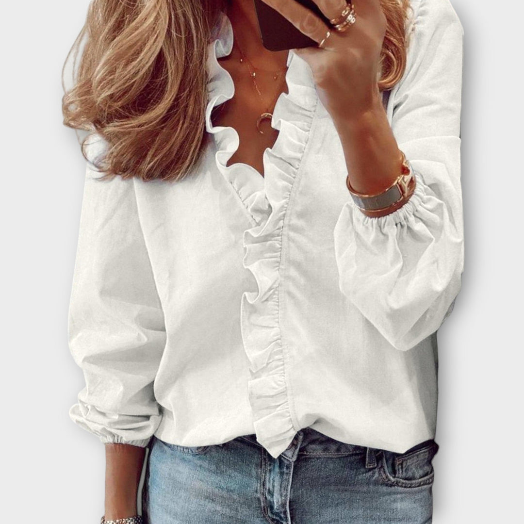 Women's Ruffle V-Neck Long Sleeve Blouse