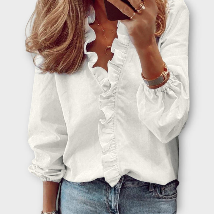Women's Ruffle V-Neck Long Sleeve Blouse