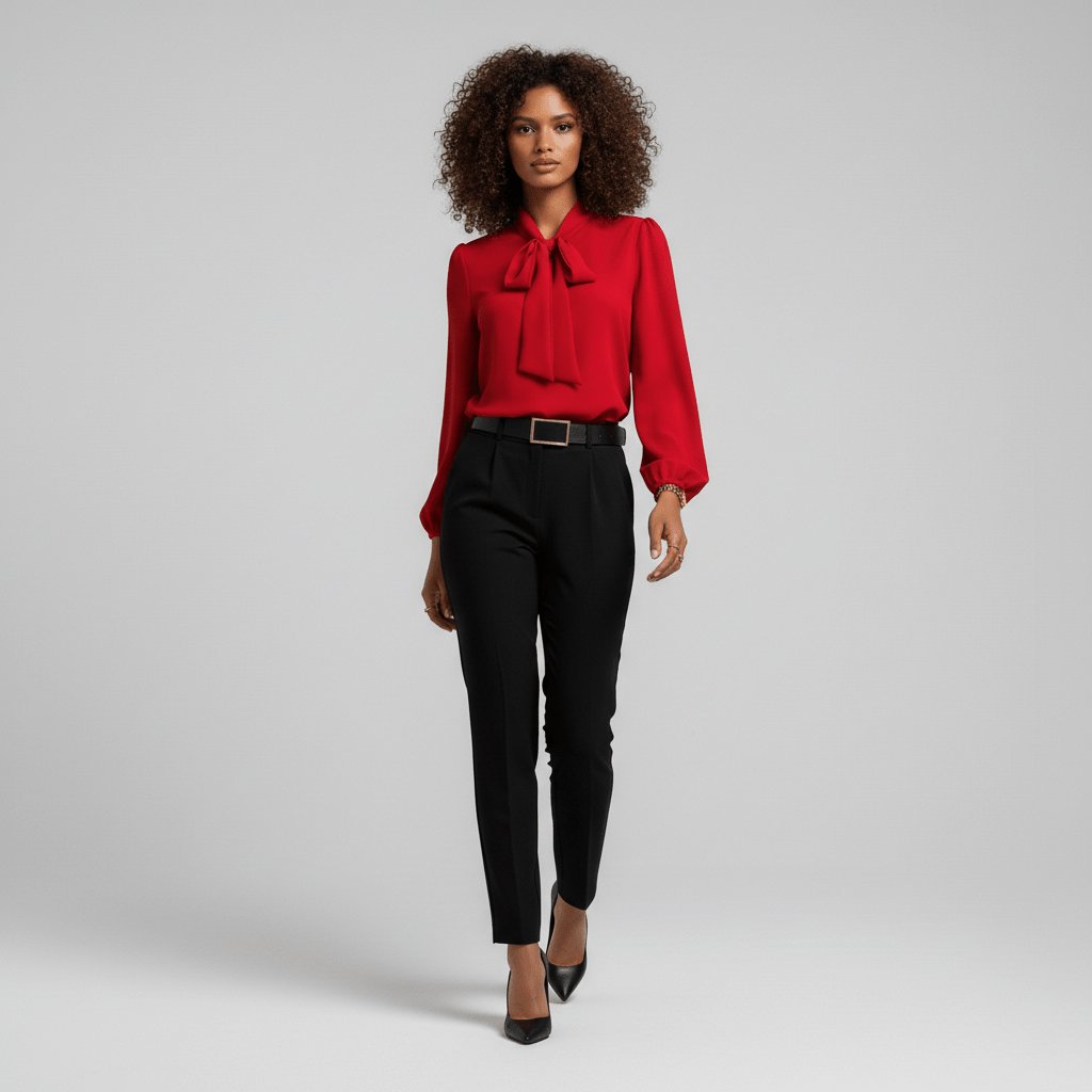 Sophisticated women's bow-tie blouse, perfect for smart casual or office wear. Features elegant long sleeves & relaxed fit.